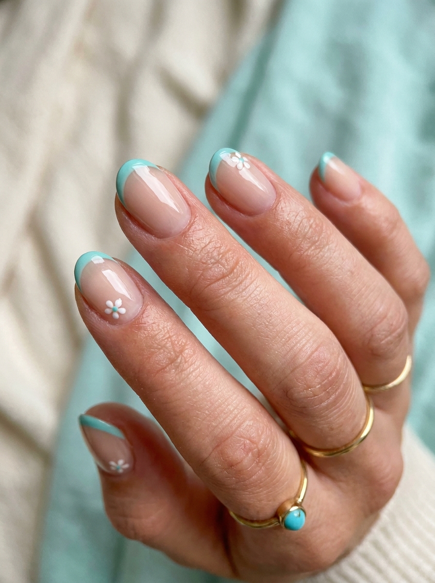 Tiny Flower Turquoise French Nails als Turquoise French Nails Inspiration 2026